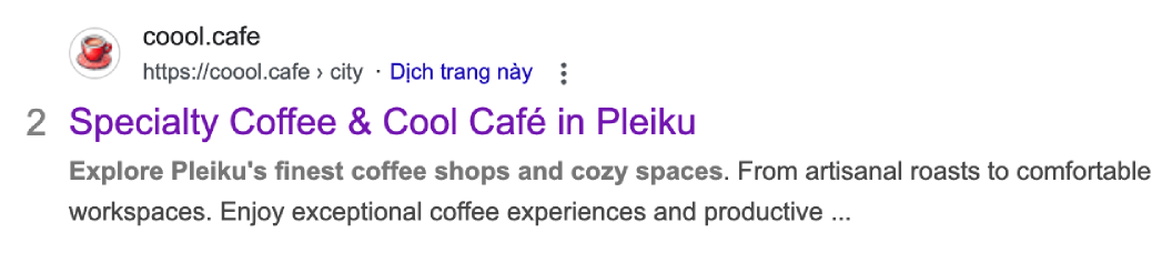 Google search result showing Coool Café ranked second for a Pleiku coffee query