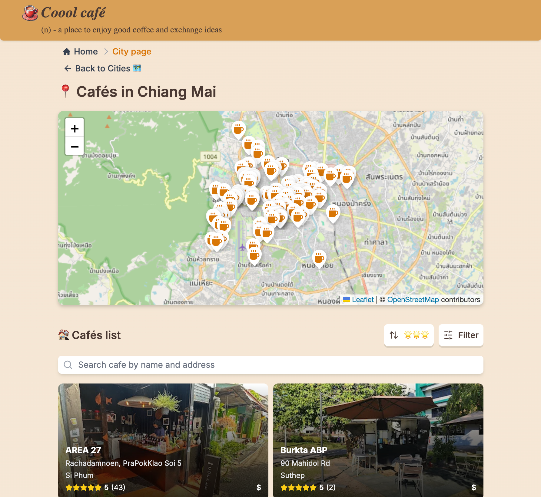 Early Coool Café Chiang Mai page with a dense café map and café cards