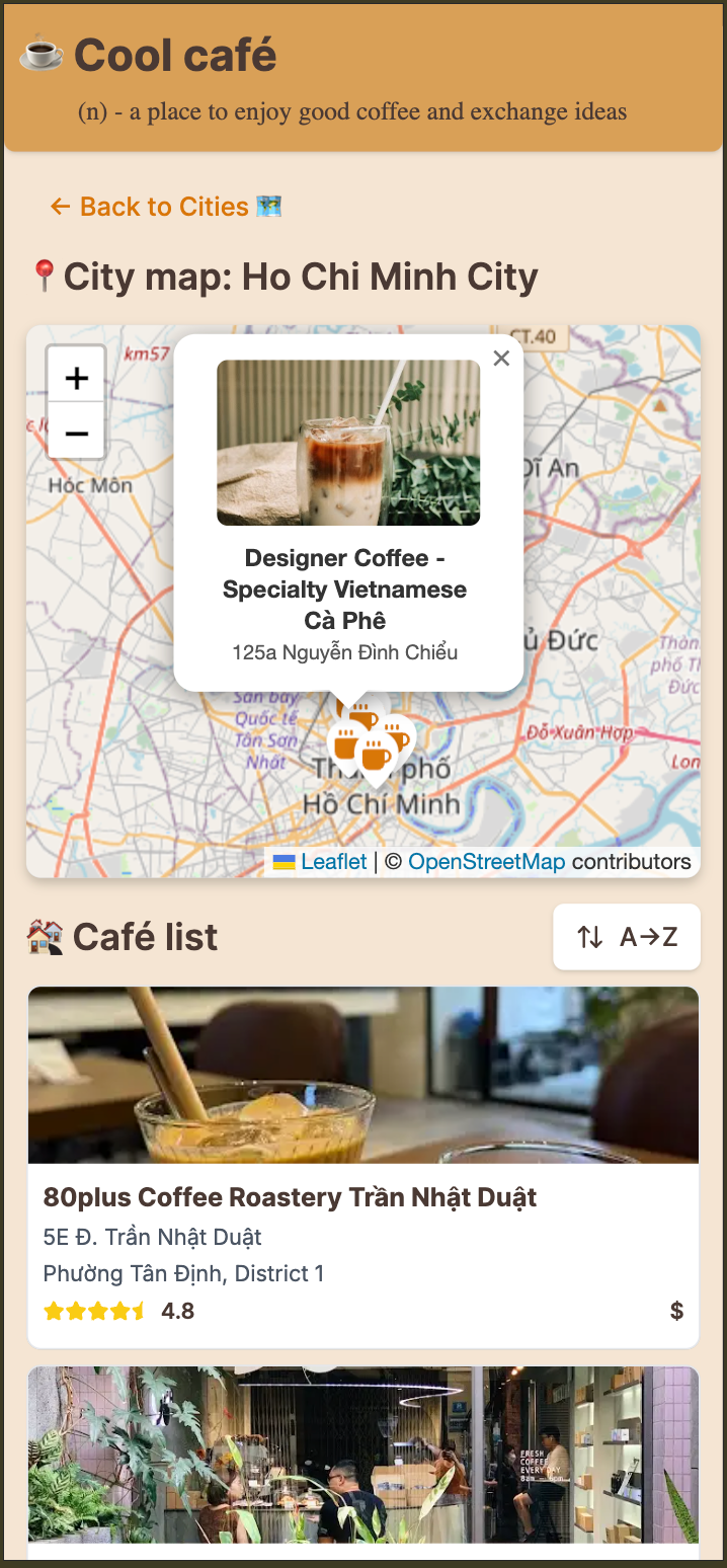 Early Coool Café Ho Chi Minh City map and café list screen