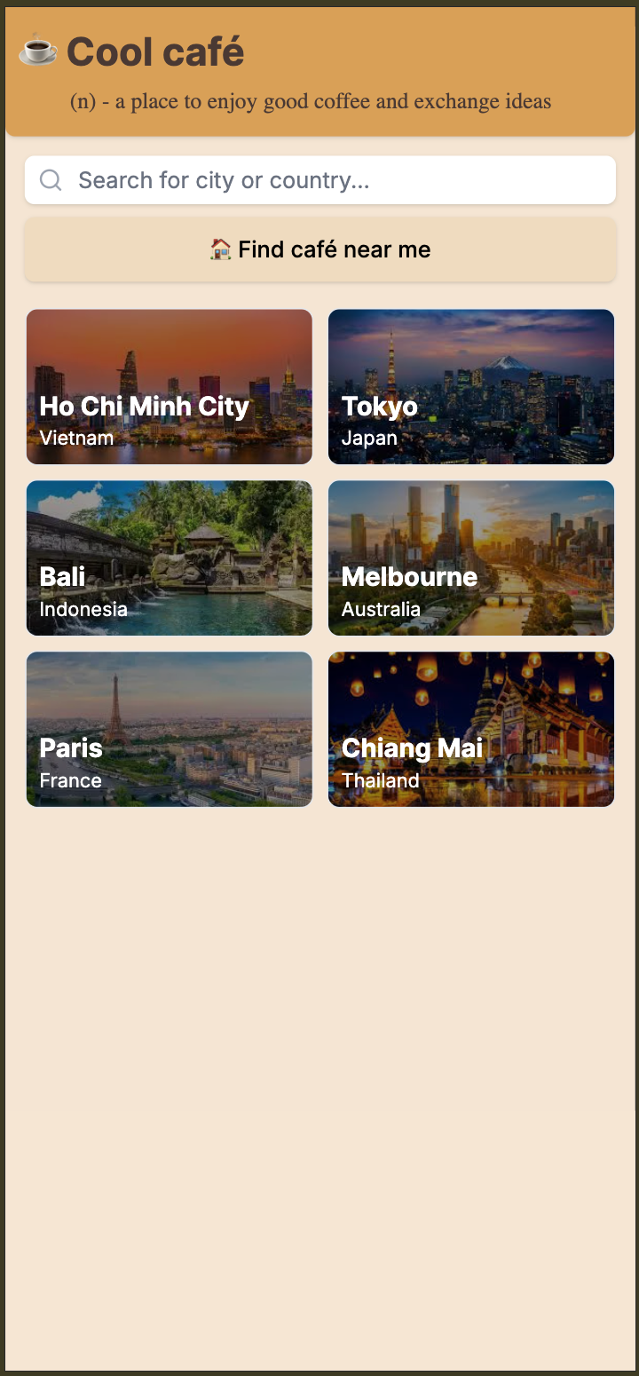 Early Coool Café homepage with search and six city cards